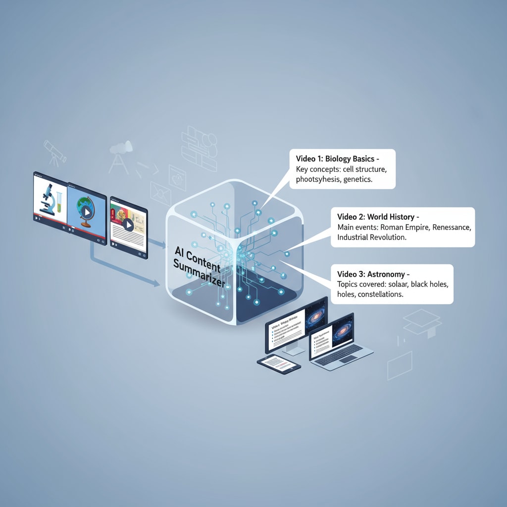 A graphic depicting an AI system generating content summaries for educational videos AI system generating content summaries for educational videos to enhance accessibility