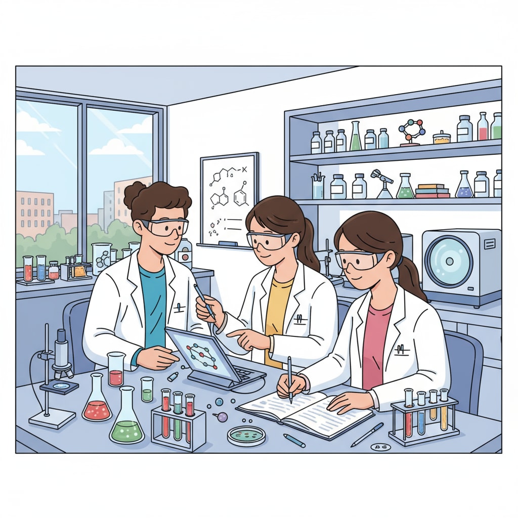 A photo of students in a research lab, collaborating on an academic project. Students engaged in academic research for better performance