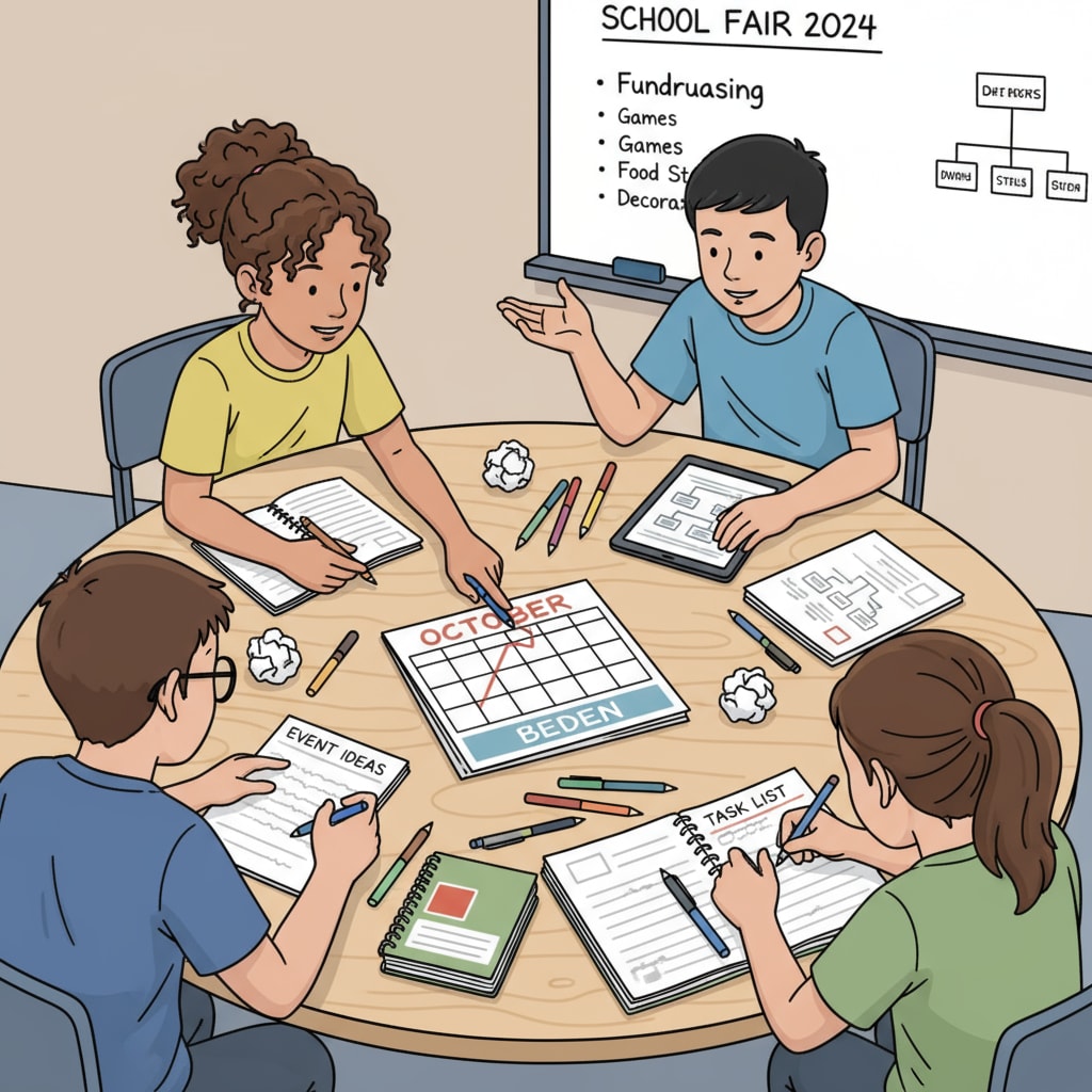 A group of students are gathered around a table, discussing and jotting down ideas for an upcoming school event. They have papers, pens, and a calendar in front of them, showing their planning process. Students brainstorming for an event related to event planning industry, professional certifications, and educational background in K12