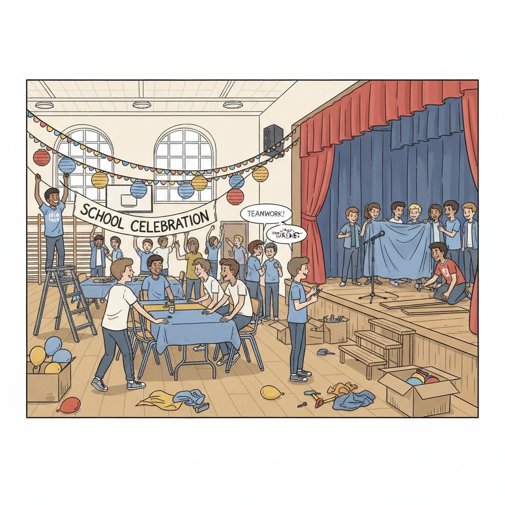 Students are seen hanging decorations, arranging tables, and setting up a stage for an event. They are actively involved in the preparation process, showing teamwork and enthusiasm. Students working together on event preparation relevant to event planning industry, professional certifications, and educational background in K12