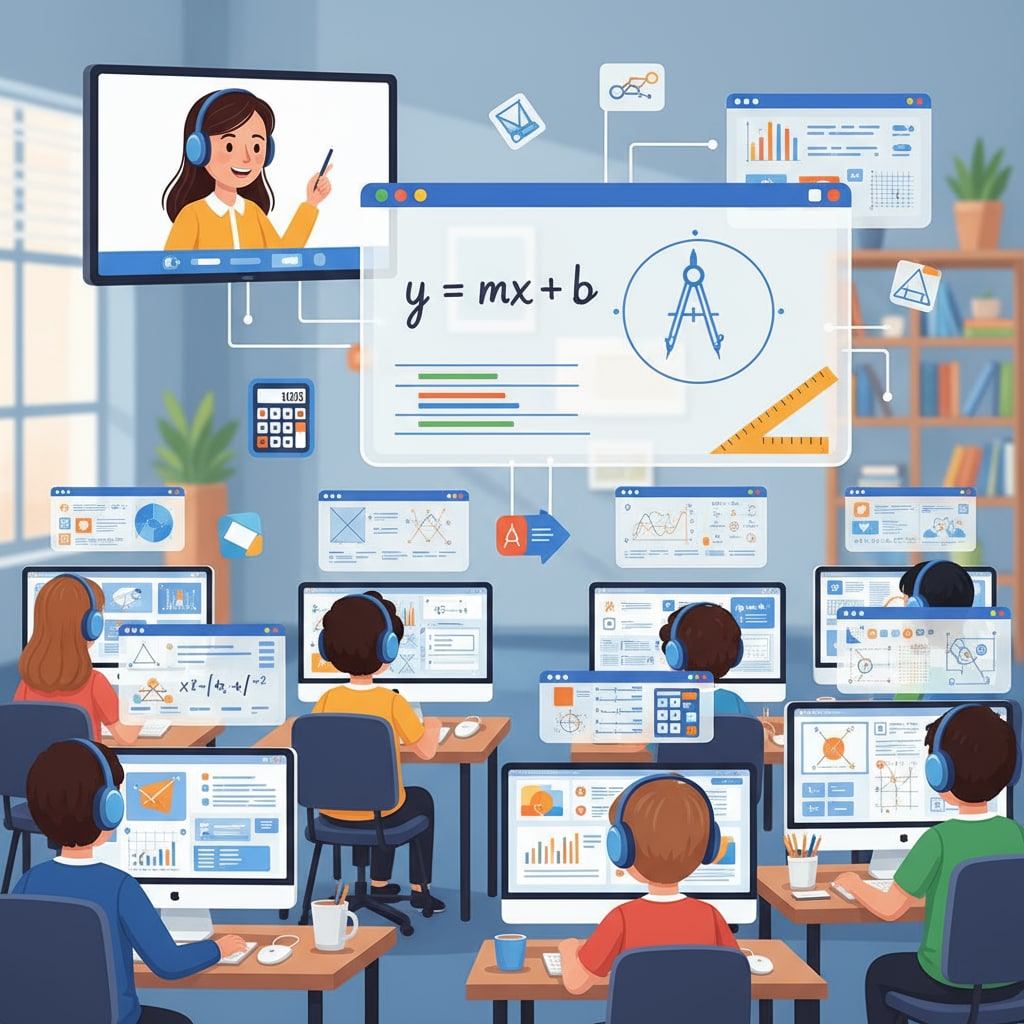 A virtual classroom scene where students are attentively studying math online, with digital whiteboards and interactive tools visible. Students engaged in online mathematics learning for future remote math degrees