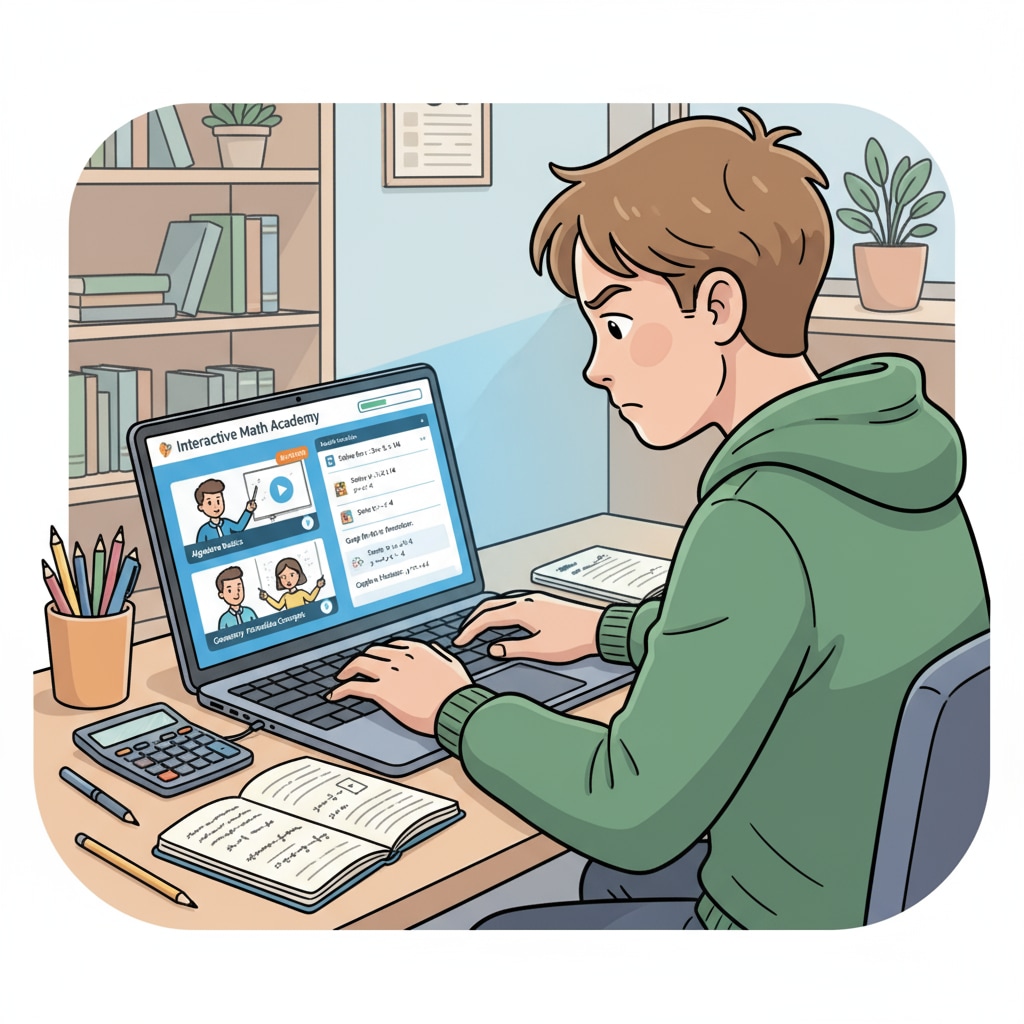 A student sitting at a desk, concentrating on an online math learning platform, with various math problems and instructional videos on the screen. Student using an online math platform in preparation for a remote mathematics bachelor's degree