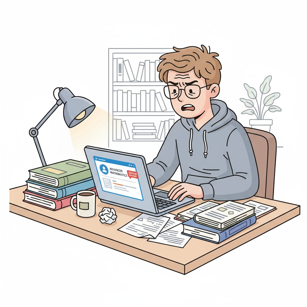 A student sitting at a desk, looking a bit stressed, with a laptop open showing an online learning platform. A stressed student considering online school due to social anxiety and mental health concerns.