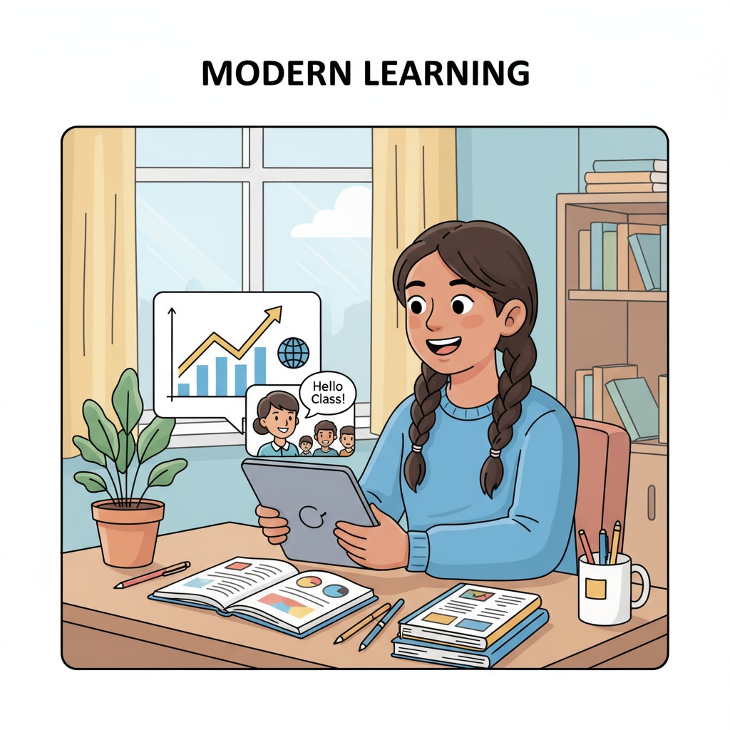 A student smiling while studying at home using a tablet for online classes. A happy student enjoying the benefits of online learning for better mental health.