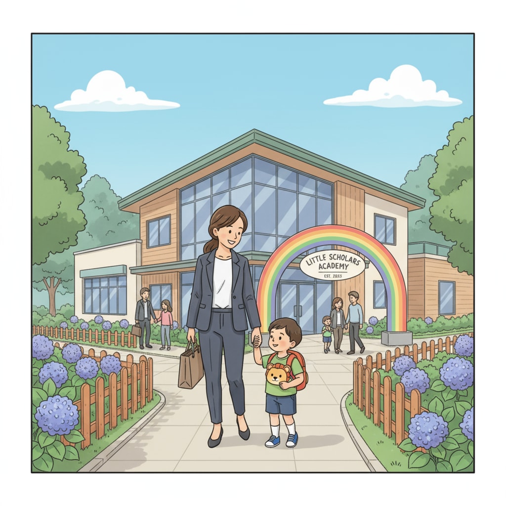 A parent is walking a young child towards the entrance of a private kindergarten. The kindergarten building looks modern and inviting. A parent walking a child to a private kindergarten in the context of school choice considering commute time and quality