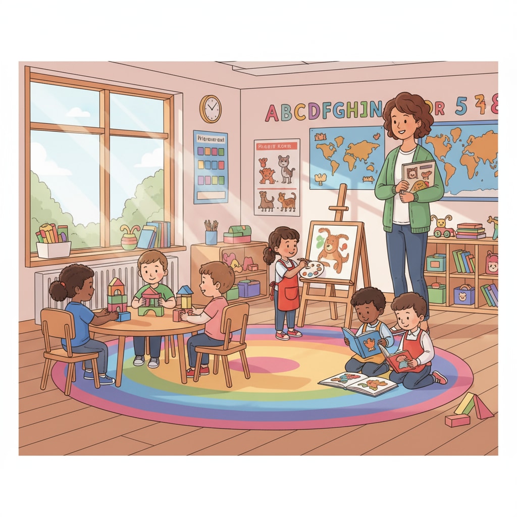 Inside a bright and colorful classroom in a private kindergarten, children are engaged in various activities while a teacher watches over them with a smile. A classroom scene in a private kindergarten relevant to school quality and commute time considerations in school choice