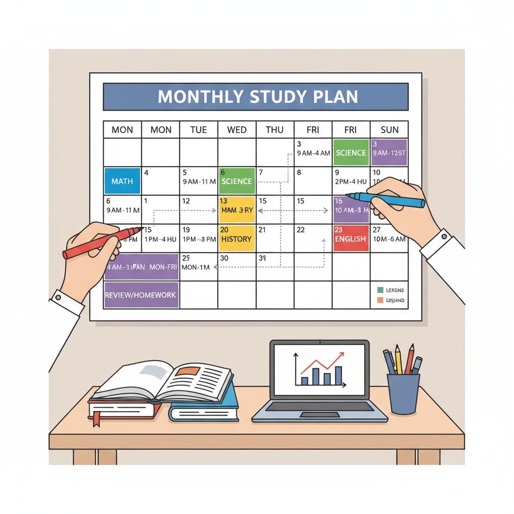 A student is carefully planning a study schedule on a calendar, with different time slots marked for various subjects. A student planning study schedule for exam preparation, learning methods, and academic management