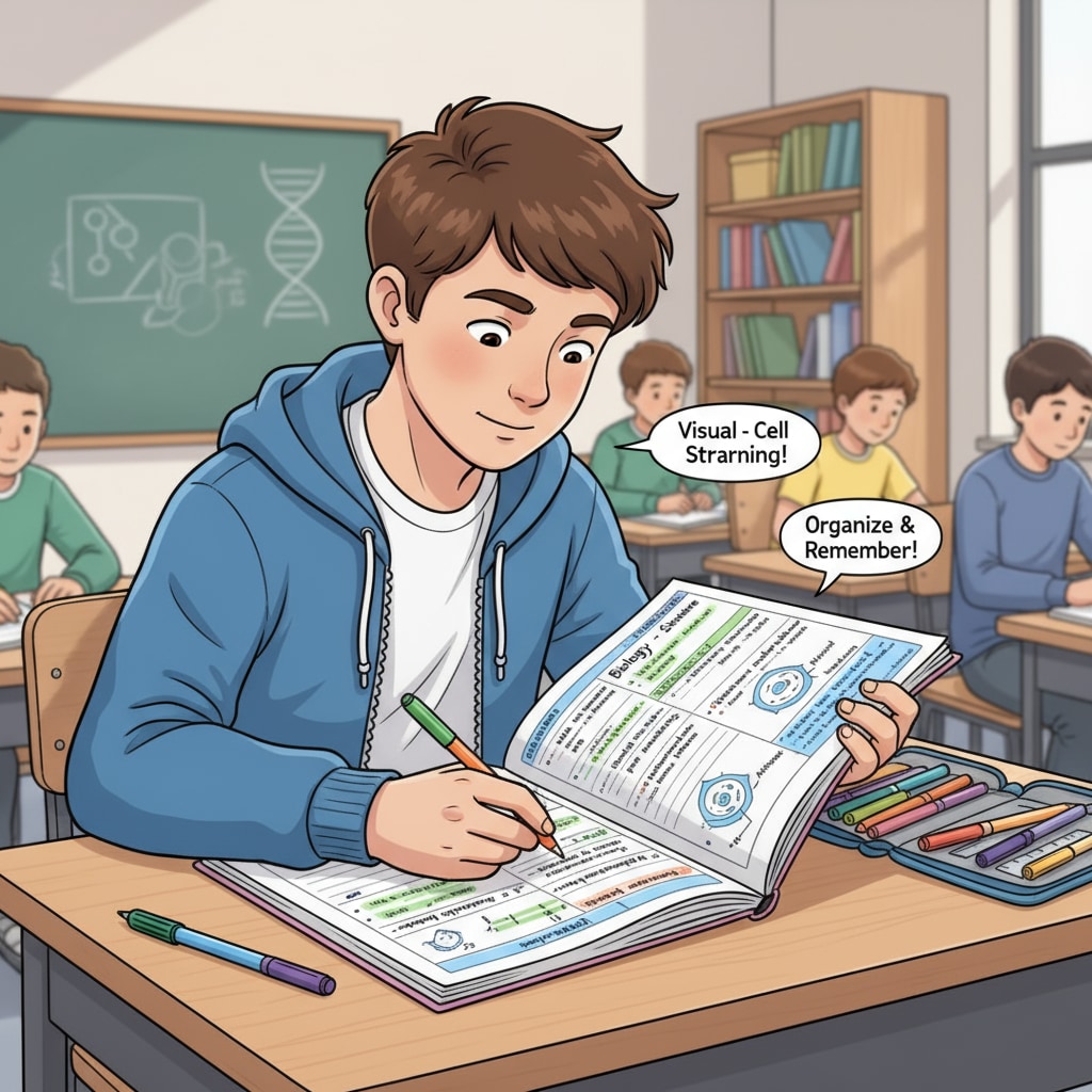 A student is taking organized notes during a class, using different colors to highlight important points. A student taking notes for exam preparation, learning methods, and academic management