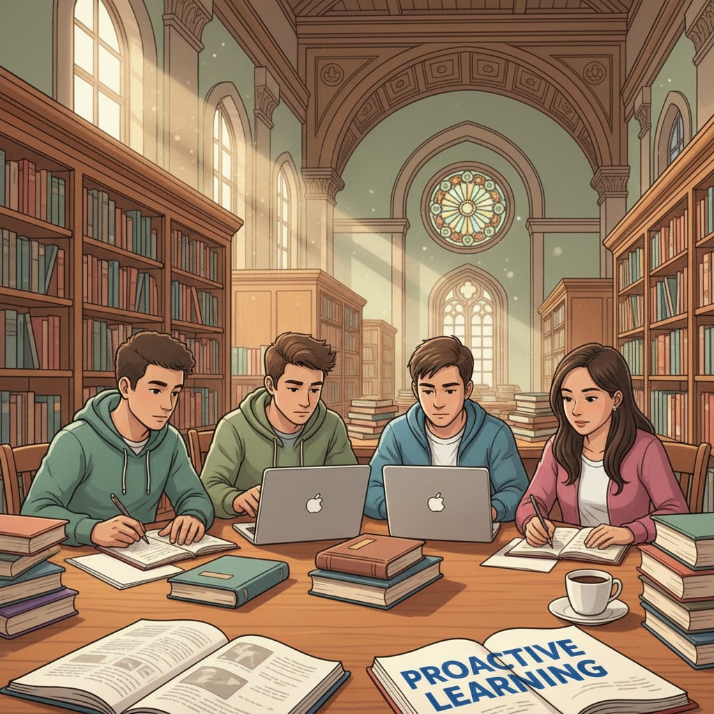 A group of students are sitting in a library, surrounded by books and laptops, deeply focused on their studies. This represents students taking the initiative to improve their academic performance outside of a less rigorous school environment. Students studying in a library to enhance academic skills for college applications in a low - rigor school environment