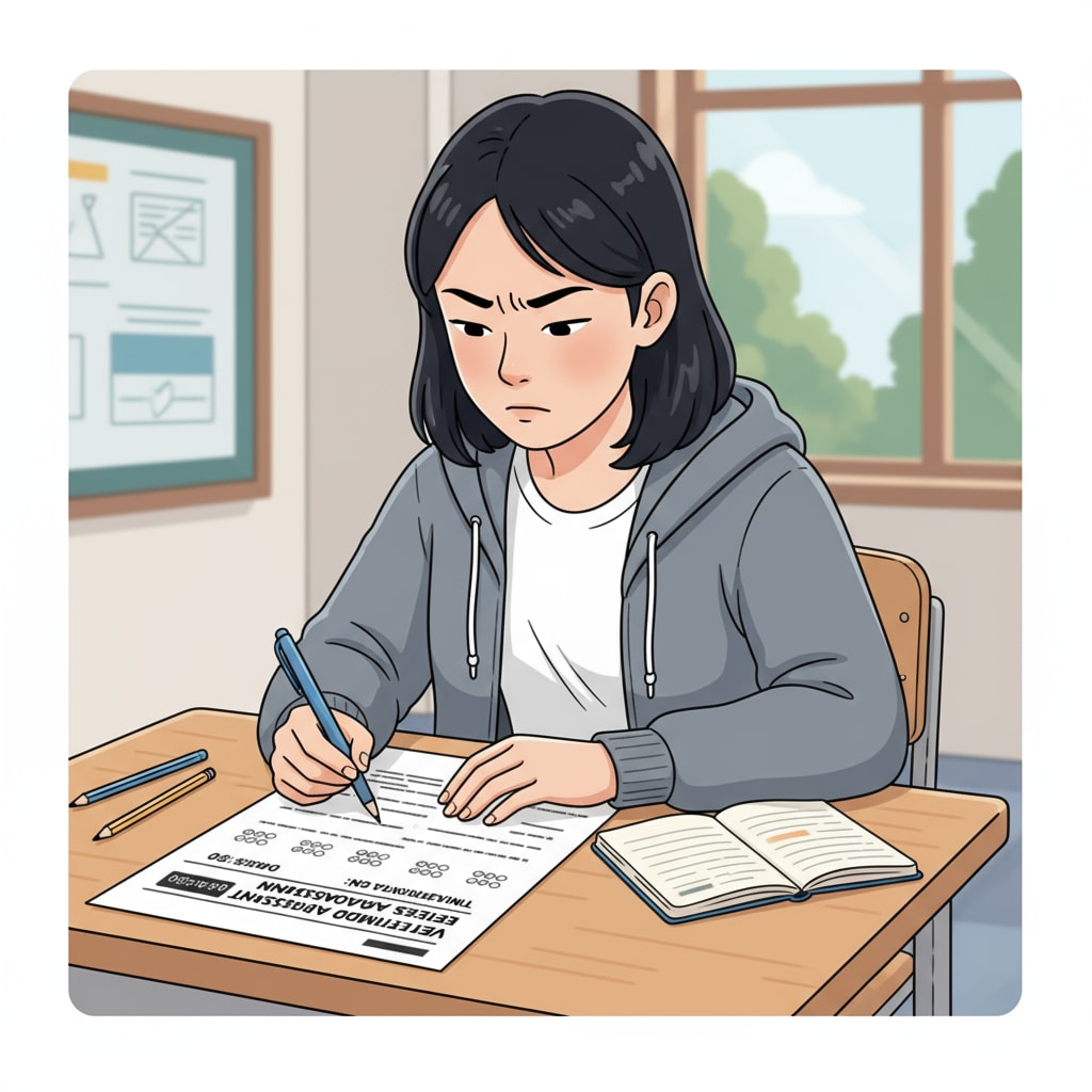 A student is sitting at a desk, with a pen in hand, concentrating on an exam paper. The exam paper represents an external exam that can help students showcase their academic abilities for college applications. Student taking an external exam to demonstrate academic skills for college applications