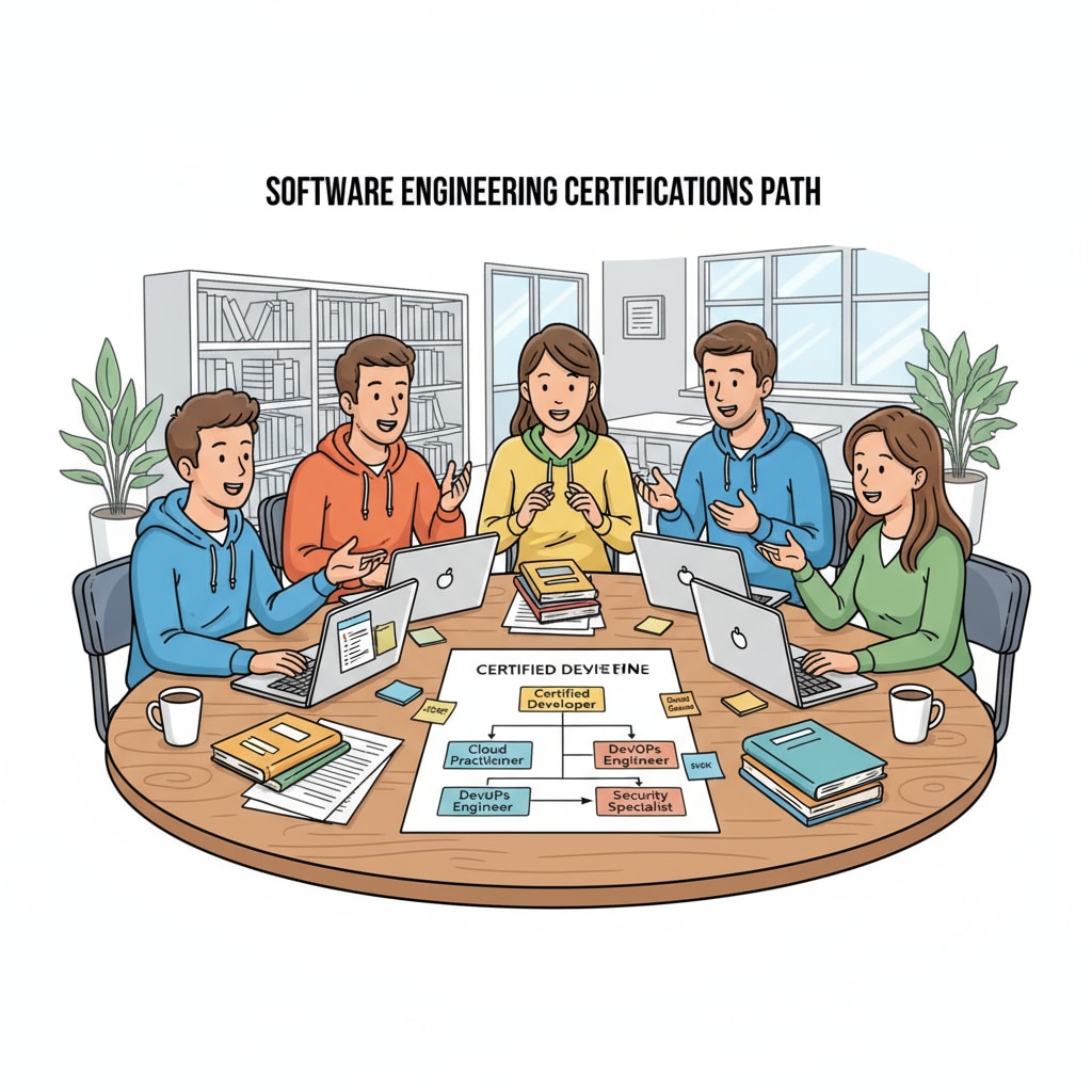 A group of software engineering students are engaged in a lively discussion around a table, with papers and laptops in front of them, presumably talking about certifications. Software engineering students discussing certifications for their resumes