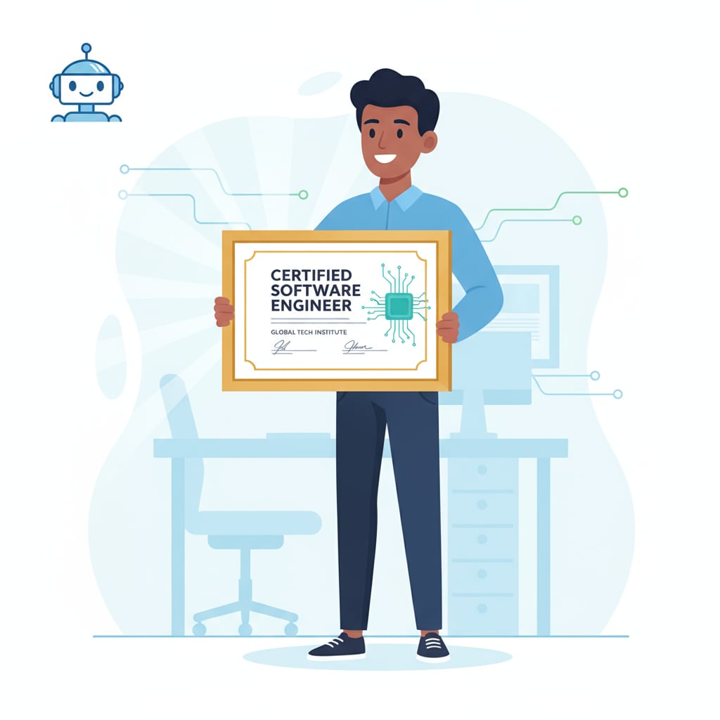 A person is smiling and holding up a framed software engineering certification, showing a sense of pride. A person proudly displaying a software engineering certification relevant to their resume