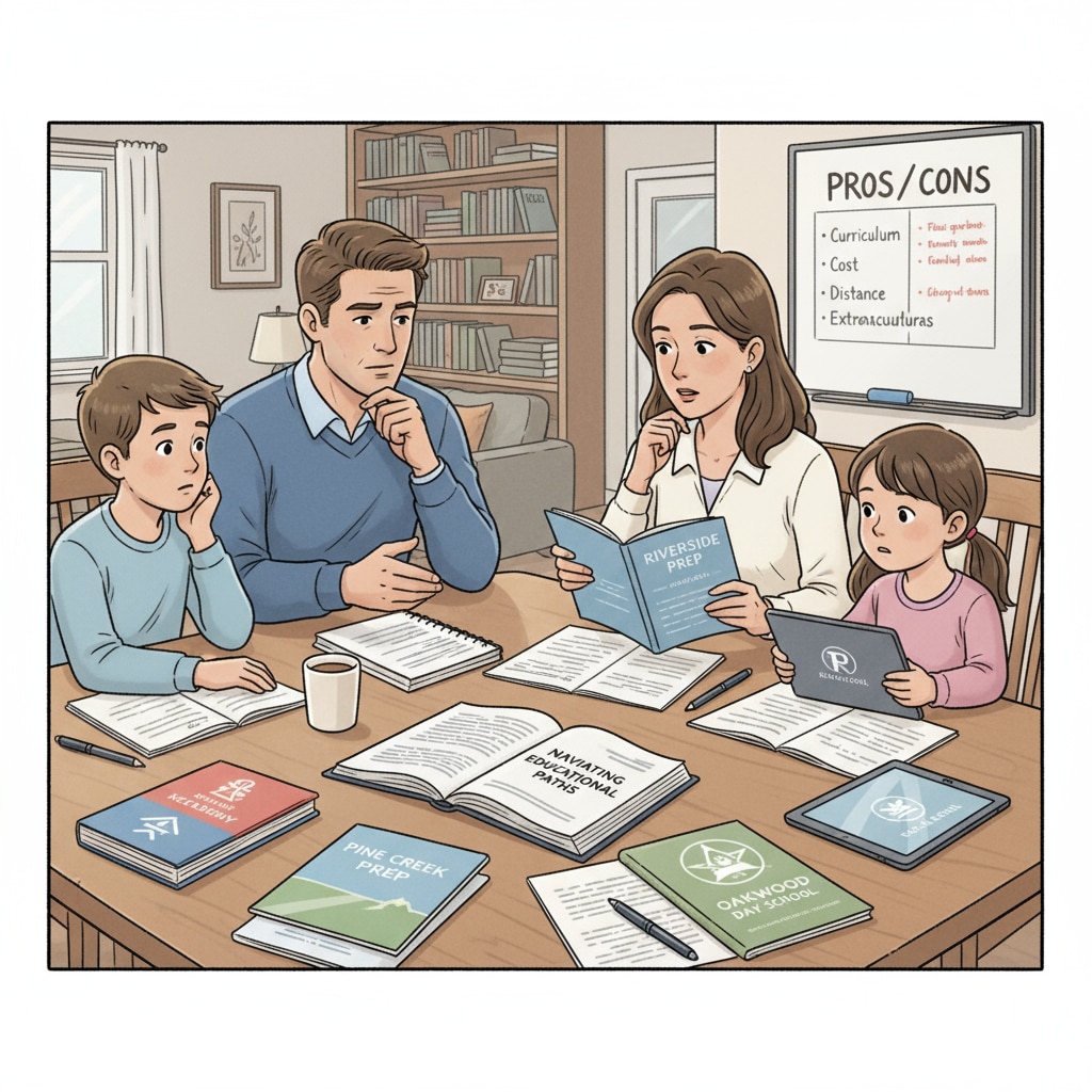 A family is having a serious discussion about their children's education options around a dining table. There are papers and brochures about different schools scattered on the table. A family discussing private schools, public primary schools, education choices, and sibling education