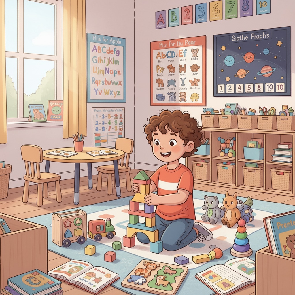 A young child is playing with toys in a well-decorated private preschool classroom. There are colorful posters on the walls and educational materials everywhere. A child in a private preschool related to private schools, public primary schools, education choices, and sibling education