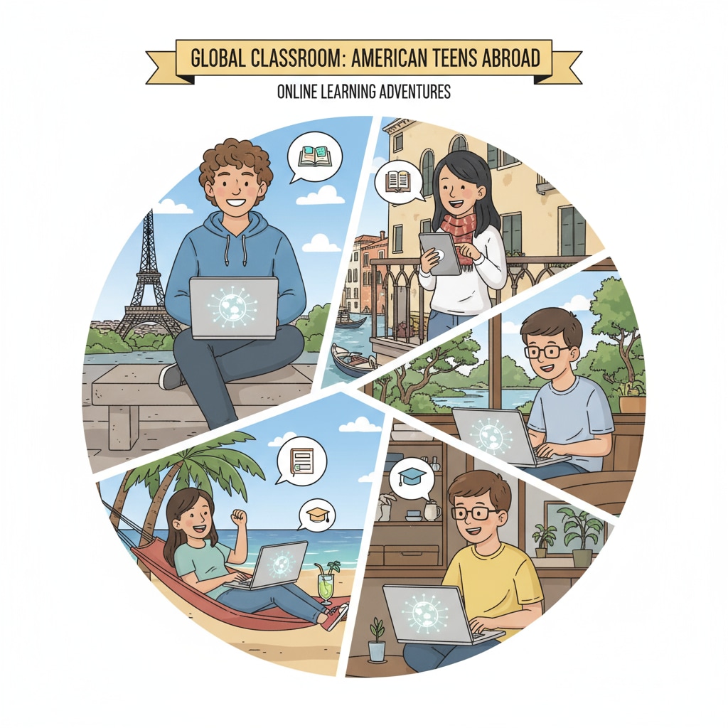 A group of overseas American teenagers are sitting in different locations, looking at their laptops with smiles, indicating their enthusiasm for online learning. Overseas American teenagers actively engaged in online education