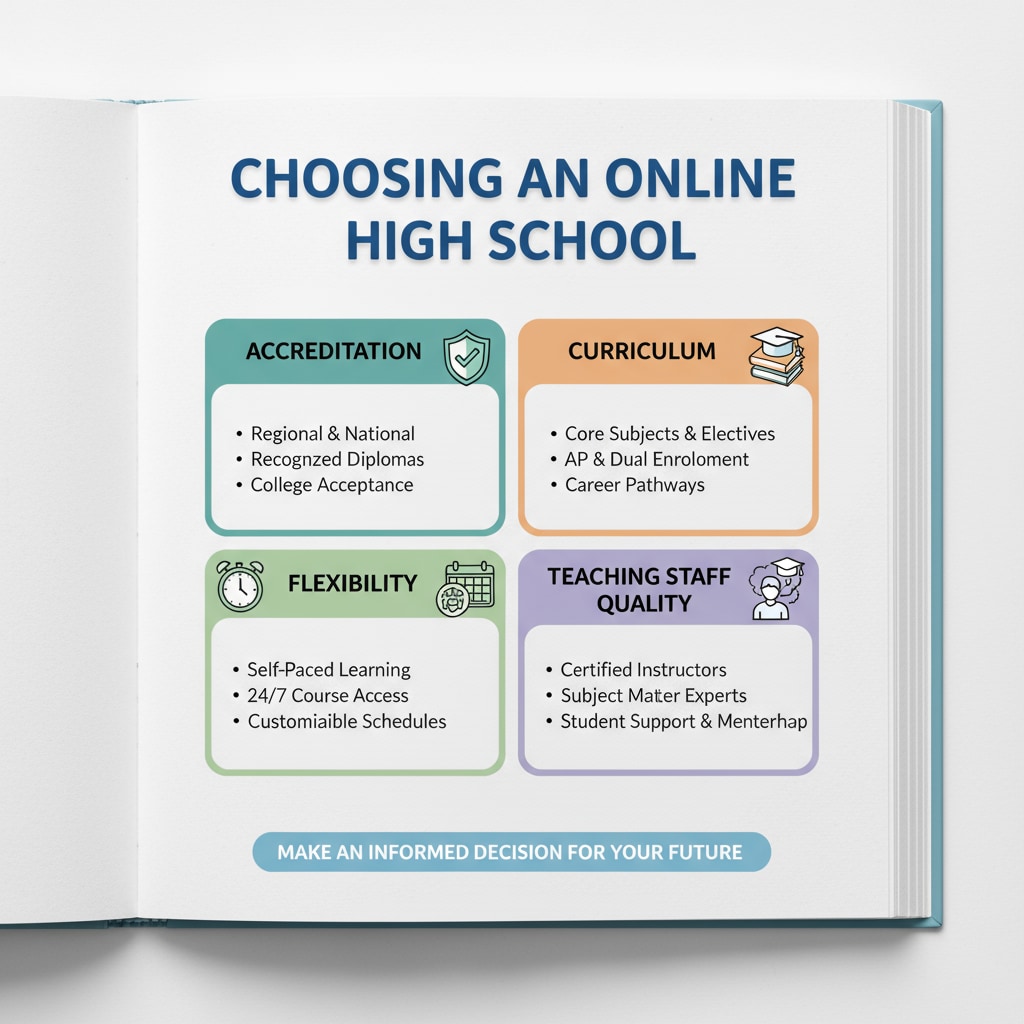 An infographic with sections highlighting accreditation, curriculum, flexibility, and teaching staff quality as important factors in choosing an online high school. Key elements for selecting an online high school for overseas American students