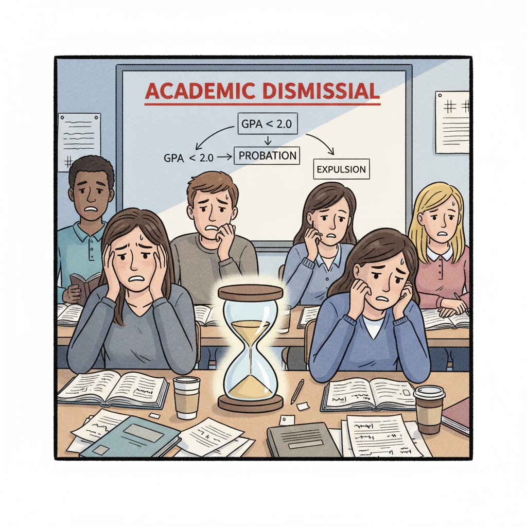A group of students sitting in a classroom, looking worried, which can be related to the pressure of academic dismissal Students showing concern related to academic dismissal, student failure, and university policies