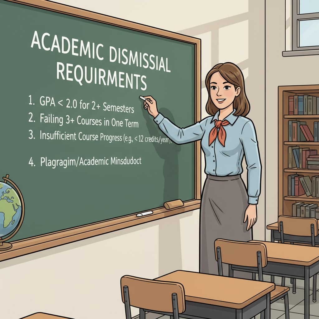 A teacher standing in front of a blackboard, writing academic requirements related to dismissal Teacher writing academic dismissal requirements, reflecting student failure and university policies