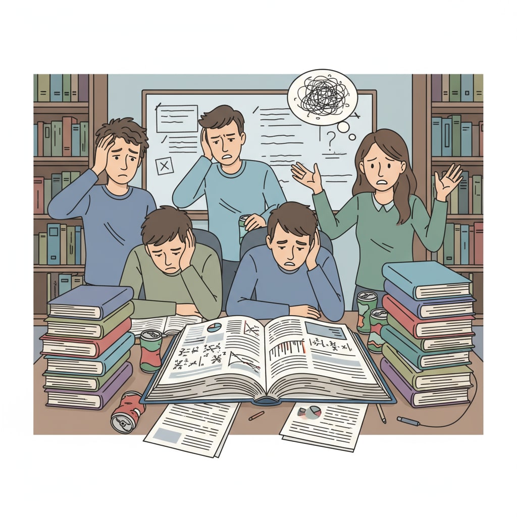 A group of postgraduate students looking tired and frustrated while studying. Postgraduate students experiencing academic burnout and loss of interest while studying.