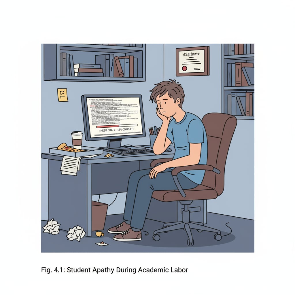 A student sitting in front of a computer, looking bored while working on their thesis. A student showing signs of losing interest in their master's thesis.