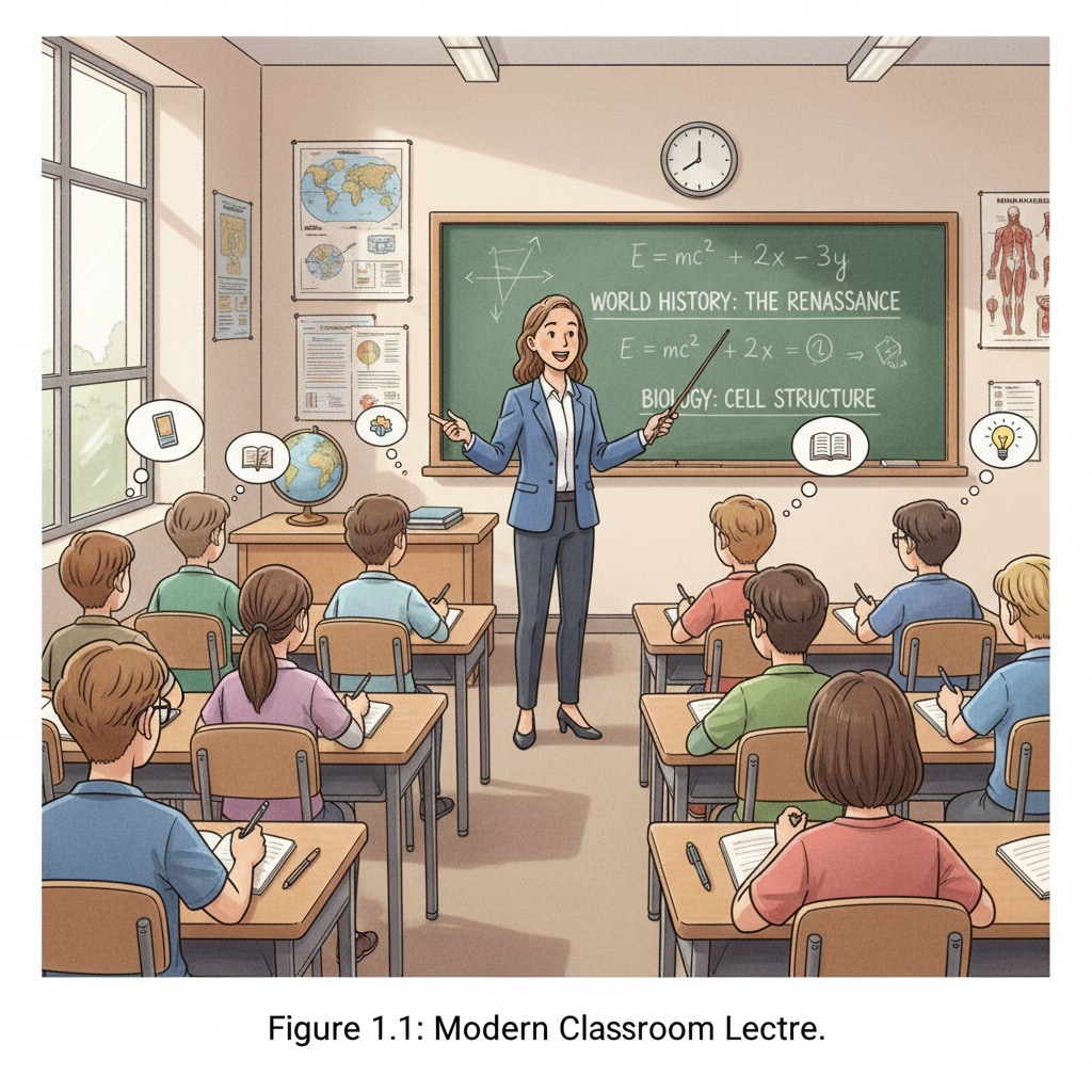 A traditional classroom scene where a teacher is standing in front of the blackboard, lecturing, and students are sitting at their desks, taking notes. A traditional classroom scene showcasing traditional teaching methods in action related to teaching methods, traditional and modern, and teaching technologies