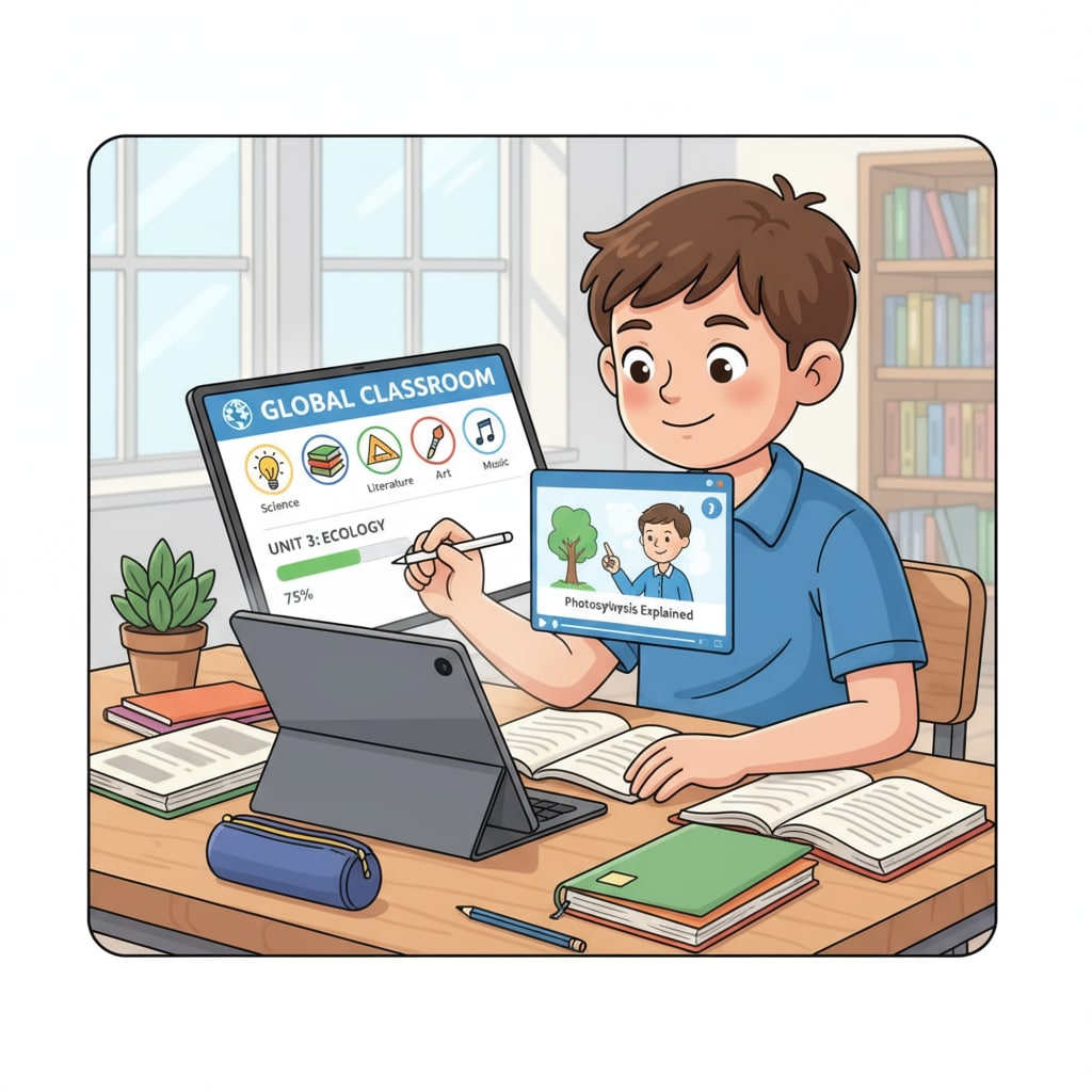 A young student is sitting at a table, using a tablet with an online learning platform open, with various educational icons and materials visible on the screen. A student utilizing modern teaching technology in the form of an online learning platform, relevant to teaching methods, traditional and modern, and teaching technologies