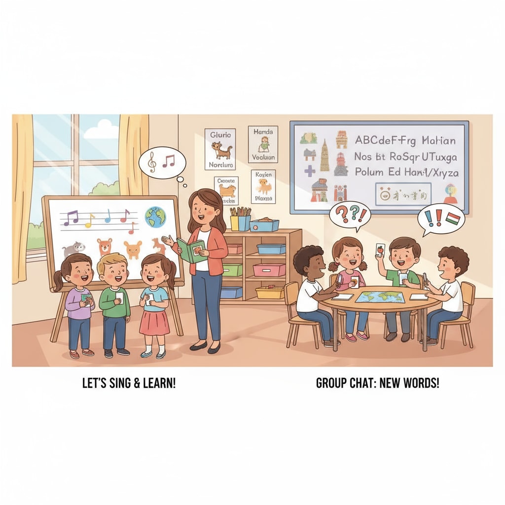 A classroom scene shows lower primary students actively involved in second language learning activities, such as singing songs and having group discussions in the target language. Second language learning activities for lower primary grades