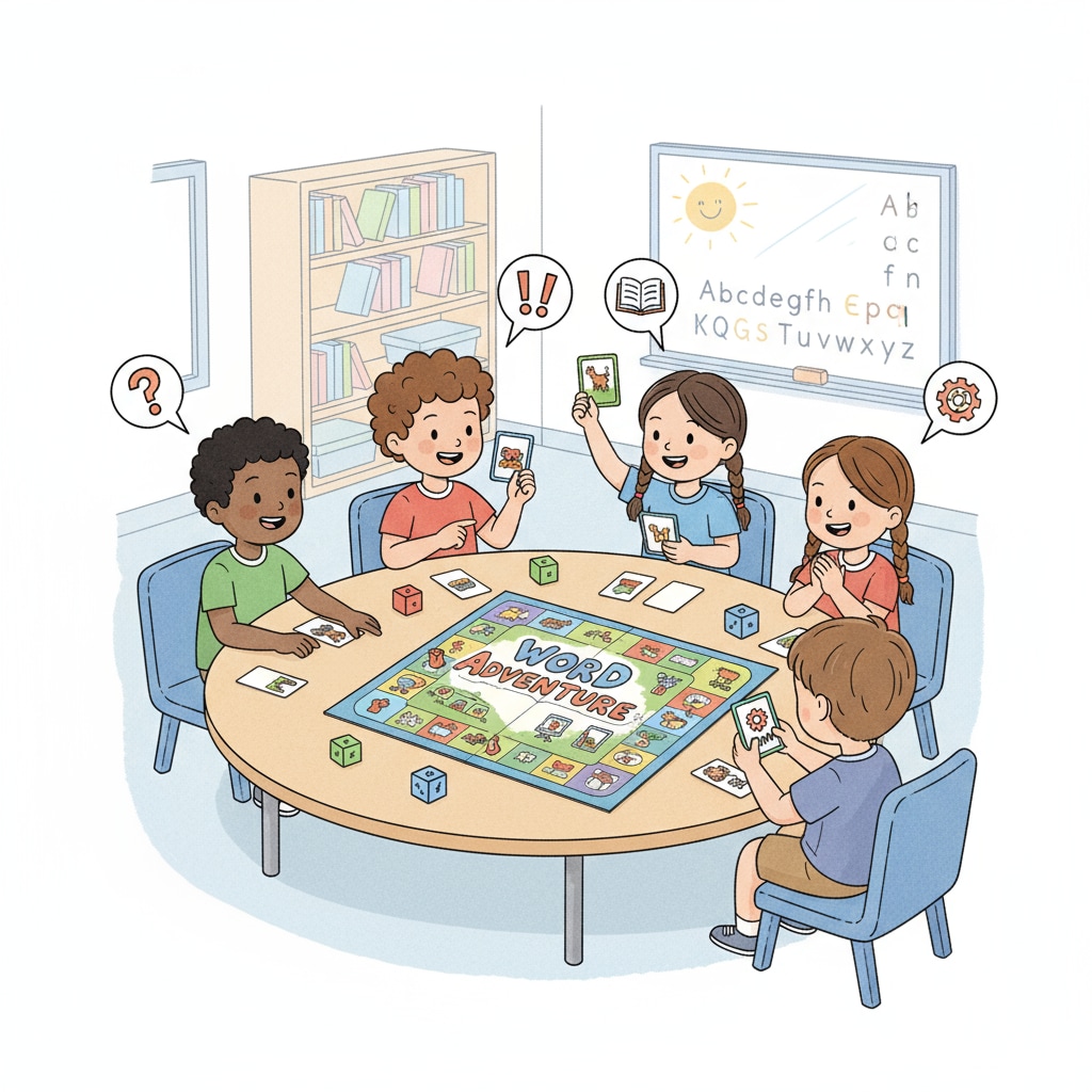 A group of lower primary students are gathered around a table, playing a language learning game. They are excited and engaged in the process of learning new words and grammar through the game. Lower primary students playing a language learning game