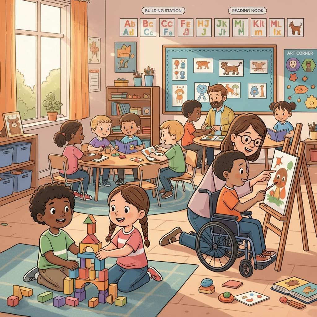 A group of children in a kindergarten classroom, engaged in various activities, representing the diverse nature of early childhood education. Kindergarten children engaged in activities related to gifted programs and educational equity