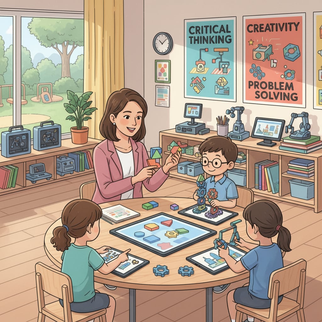 A teacher interacting with gifted kindergarten students, highlighting the interaction in a gifted program setting. Teacher interacting with gifted kindergarten students in the context of educational equity debate