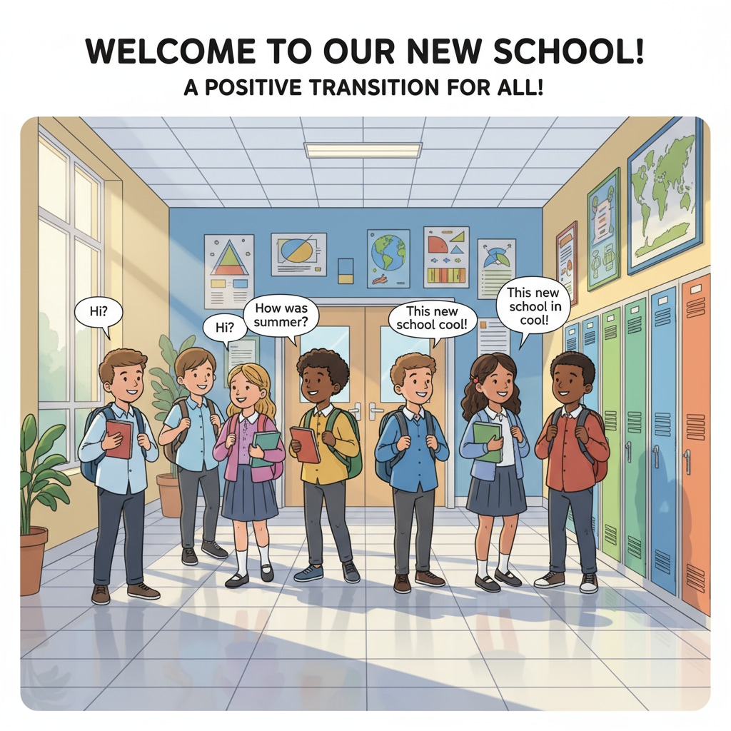 A group of K12 students are smiling and chatting in the hallway of a new school, showing a positive atmosphere during the transition. K12 students adapting to a new school environment during education transitions