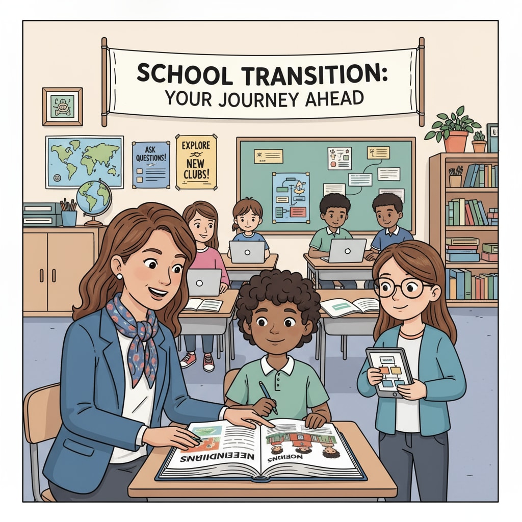 A teacher is engaging with students in a classroom, providing guidance and support during the school transition. Teacher offering support to students during school transfers and education transitions