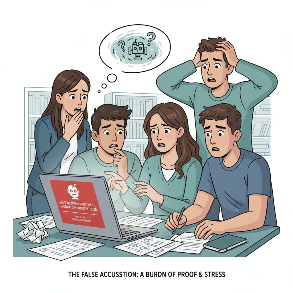 A group of students looking concerned while discussing an AI accusation, highlighting the stress false accusations can cause. Students worried about false AI use accusations and academic penalties