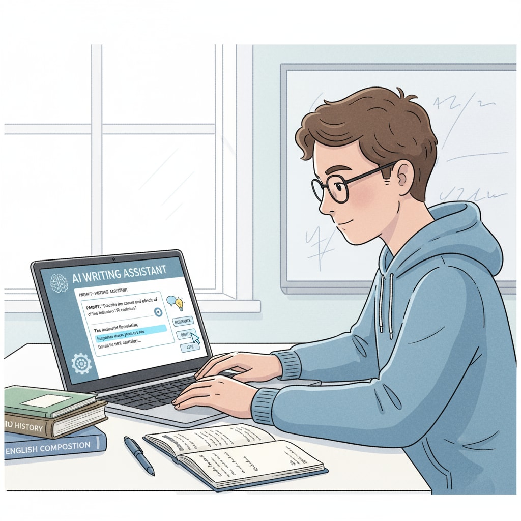 A student using a laptop with an AI writing tool interface visible, showing the common use of AI in education. Student using an AI writing tool, related to false accusations and academic penalties