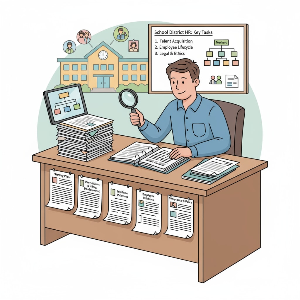 A person is sitting at a desk, carefully examining documents related to educational human resources, highlighting the focus on HR tasks in a school district context. A person reviewing educational HR documents, relevant to school district HR supervisor career transition and work responsibilities