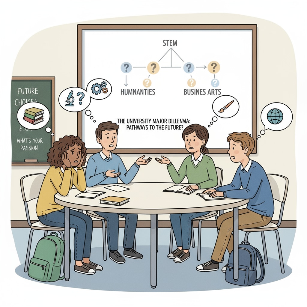 Depicts a group of students in a classroom setting, engaged in a discussion about choosing university majors. Their expressions show confusion and uncertainty, highlighting the dilemma they face. Students discussing university major options with confused expressions, highlighting lack of enthusiasm and the importance of social experiences in the decision-making process.