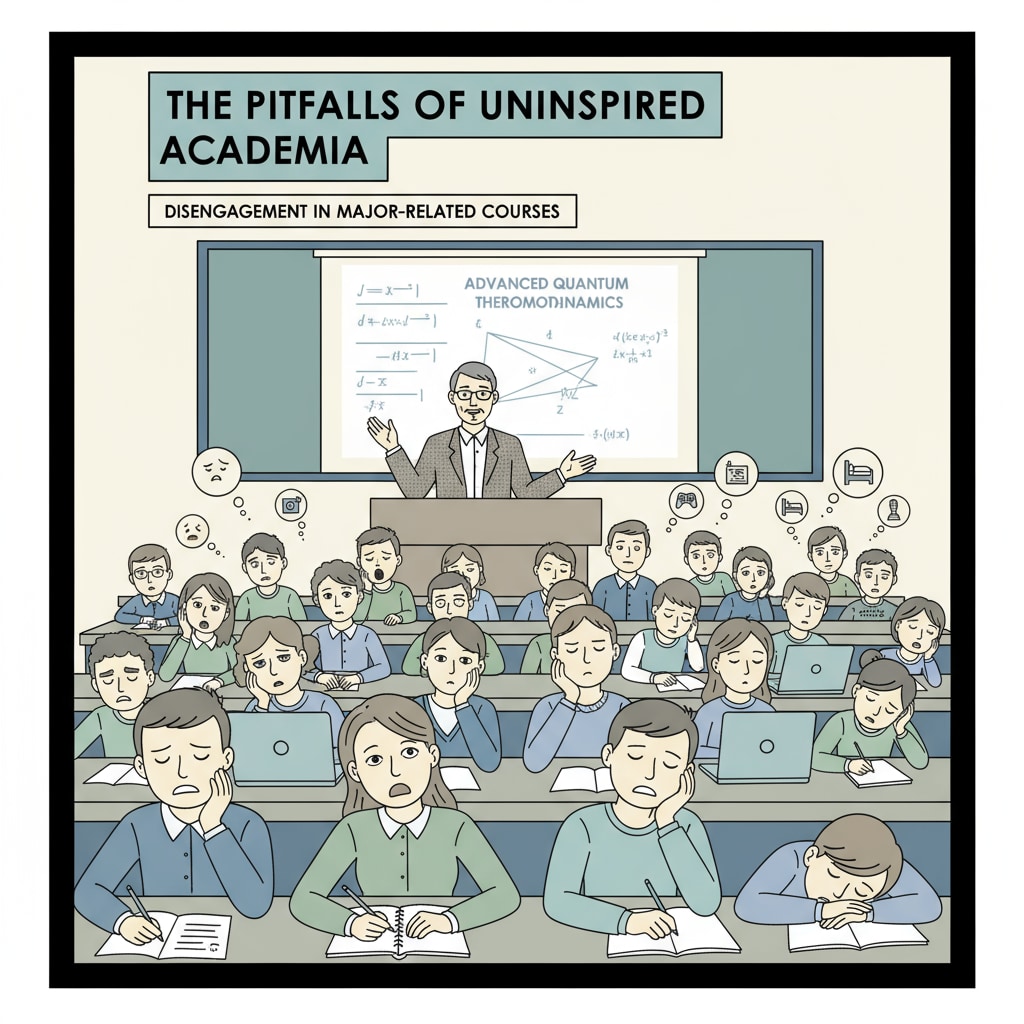 Shows students sitting in a lecture hall, looking bored and unengaged during a class related to their major. This illustrates the impact of lack of enthusiasm for the chosen university major. Bored students in a lecture hall, demonstrating the negative effects of lack of enthusiasm for their university major on their academic and potential social experiences.