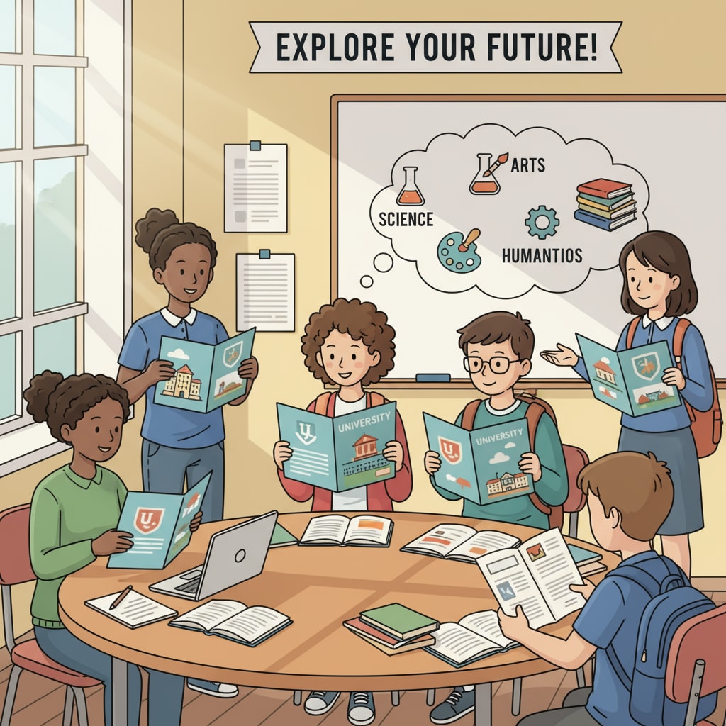 A group of K12 students are sitting around a table in a classroom, discussing different university majors with brochures in their hands. K12 students discussing university major choices