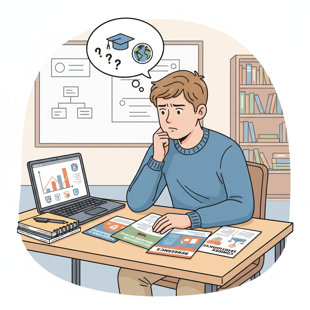 A student is sitting at a desk, looking at various brochures about different university majors, with a thoughtful expression on their face. Student looking at university major brochures