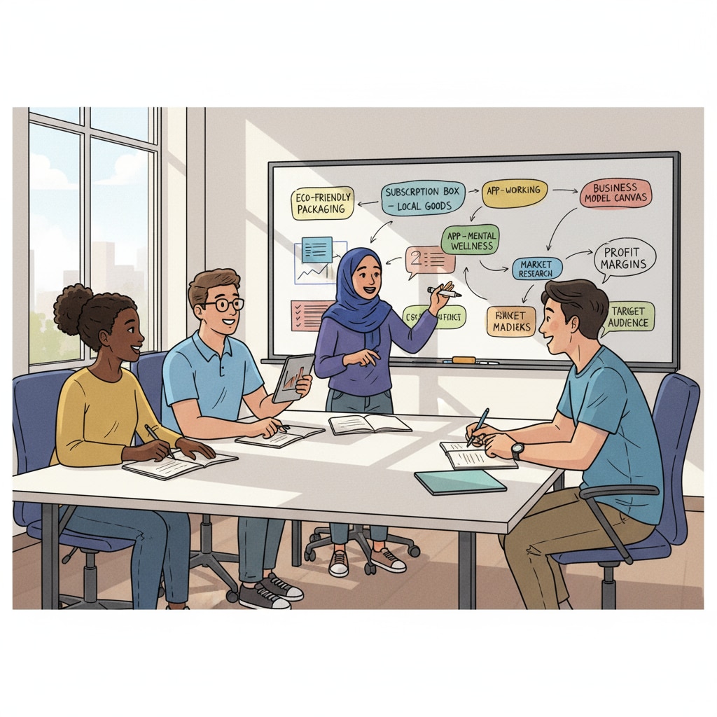 A group of students are engaged in a lively discussion about business ideas in a college classroom, with whiteboards filled with business concepts in the background. Students discussing business ideas in a college classroom related to business courses, higher education, and career planning