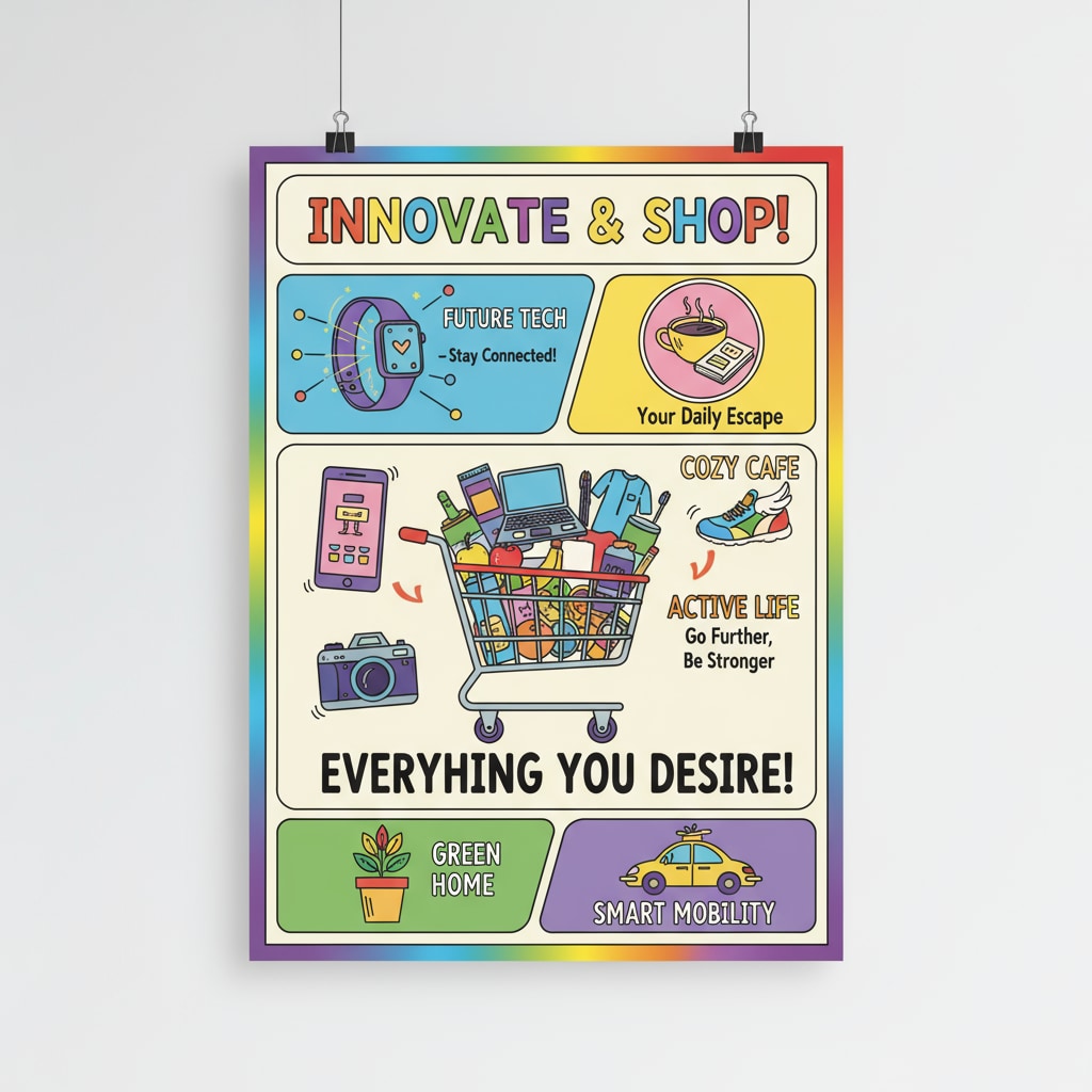 A colorful marketing campaign poster showcasing various products, with slogans and images designed to attract consumers. Marketing campaign poster relevant to business courses, higher education, and career planning