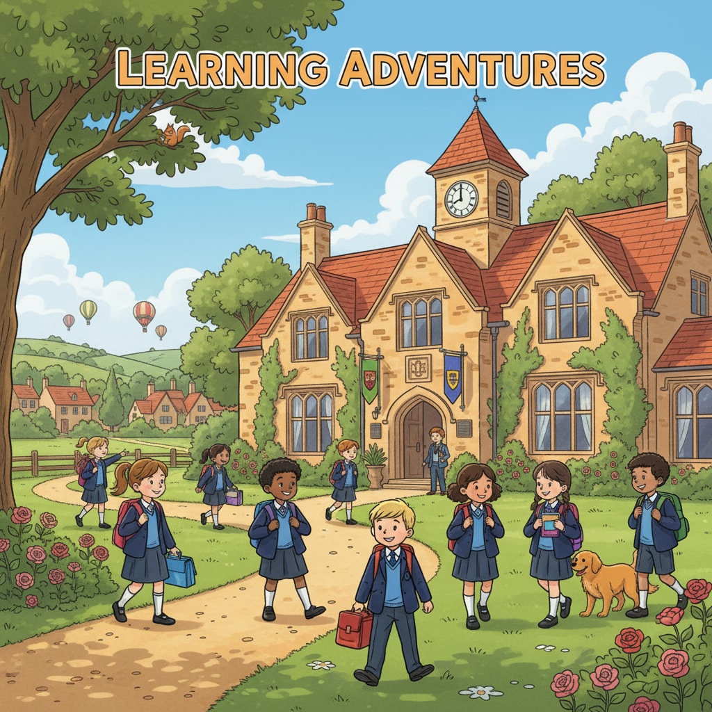 A group of children walking towards a beautiful British private primary school building, showing the lively atmosphere of the school. Children entering a British private primary school related to bursaries and education