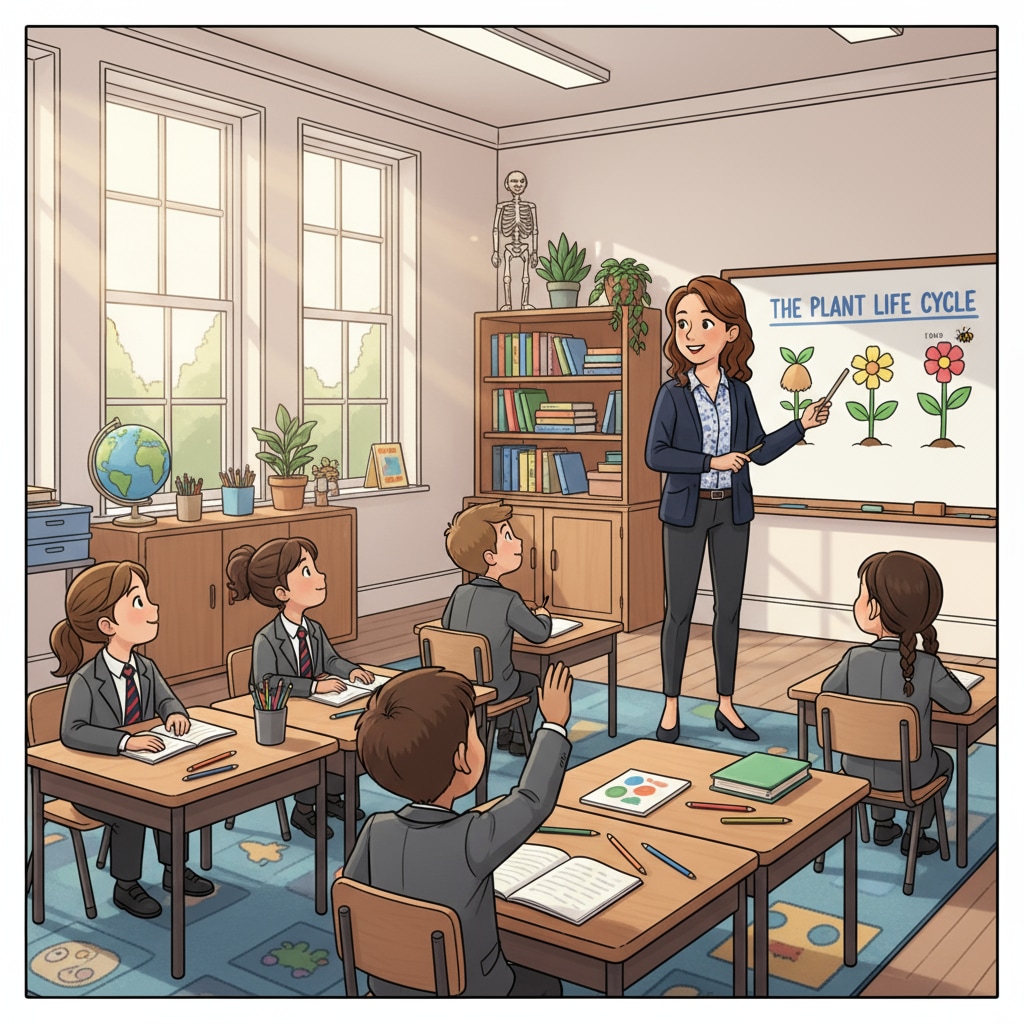 A teacher is teaching students in a bright and well-equipped classroom in a British private primary school, highlighting the quality education environment. A classroom scene in a British private primary school related to bursaries and education