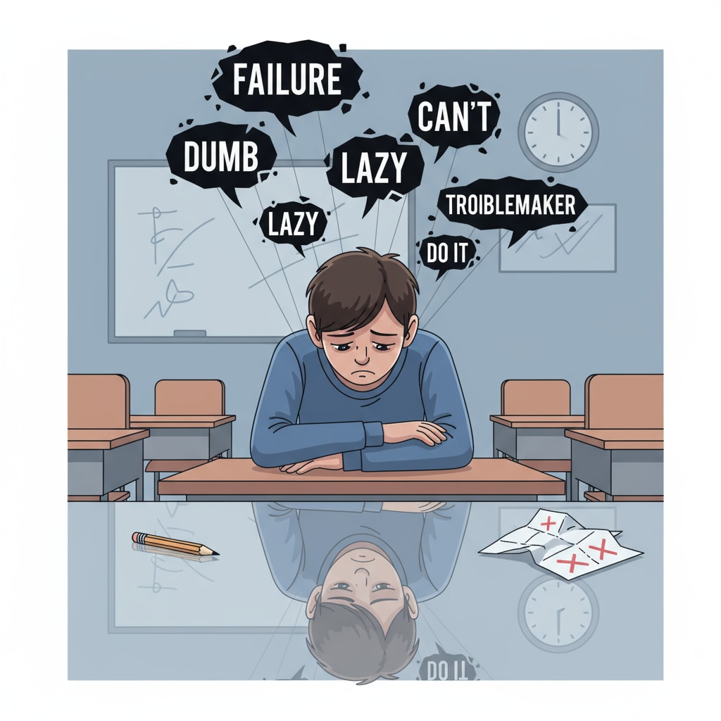 A sad-looking student sitting alone at a desk, representing the impact of negative labels on self-perception A student affected by negative labels related to teacher bias and campus injustice