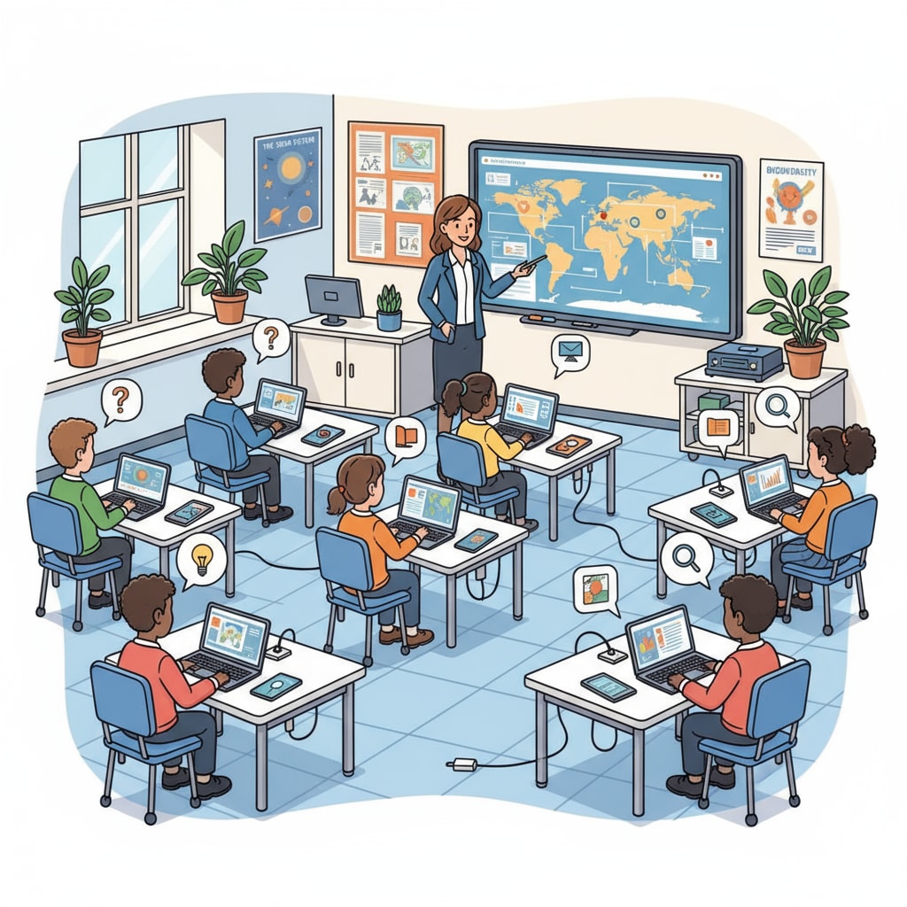 A classroom scene where students are using digital devices like laptops and tablets to participate in learning activities. Students using digital devices for learning in a post-pandemic middle school classroom