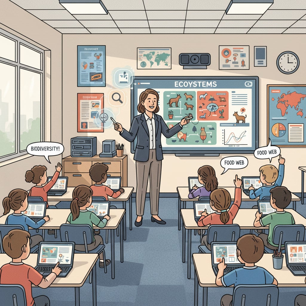 A teacher standing in front of a smart board, using educational software and digital tools to explain concepts to students. A teacher using digital tools to teach in a modern middle school classroom