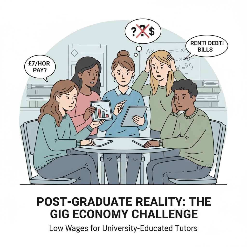 A group of university graduates are sitting together, with worried expressions on their faces, discussing the low pay they receive from tutoring companies. University graduates expressing concern about low pay in tutoring jobs