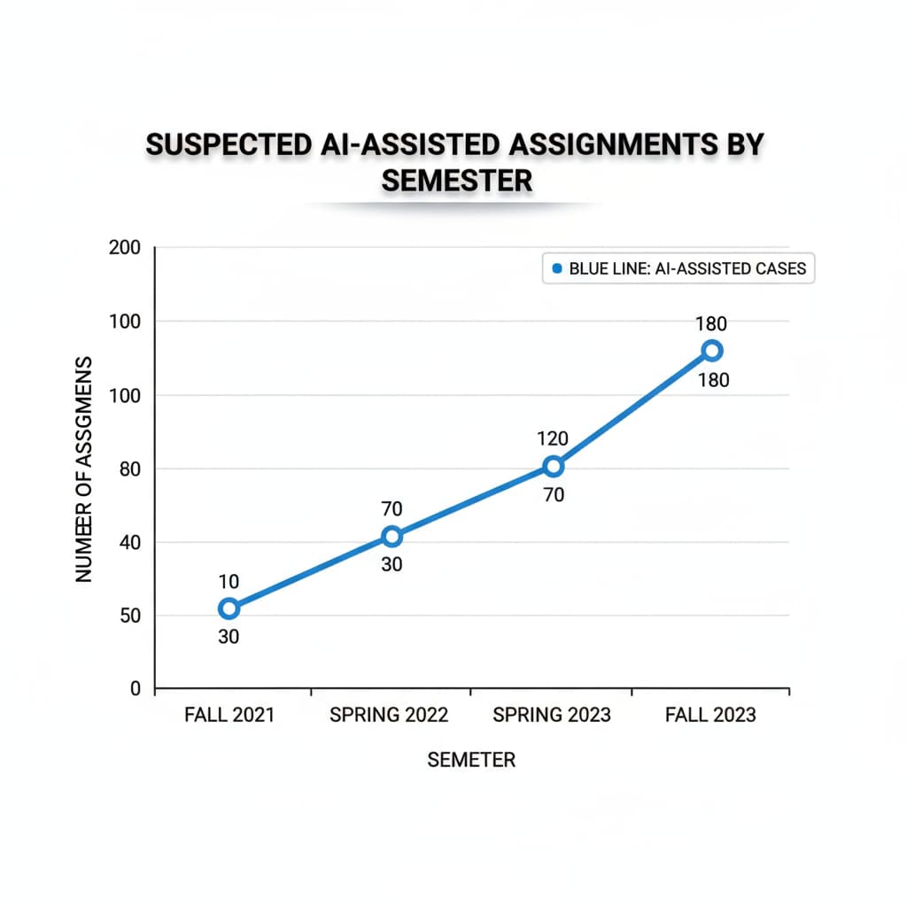 Graph depicting the rise of AI-assisted assignments relevant to AI, grade inflation, and educational assessment