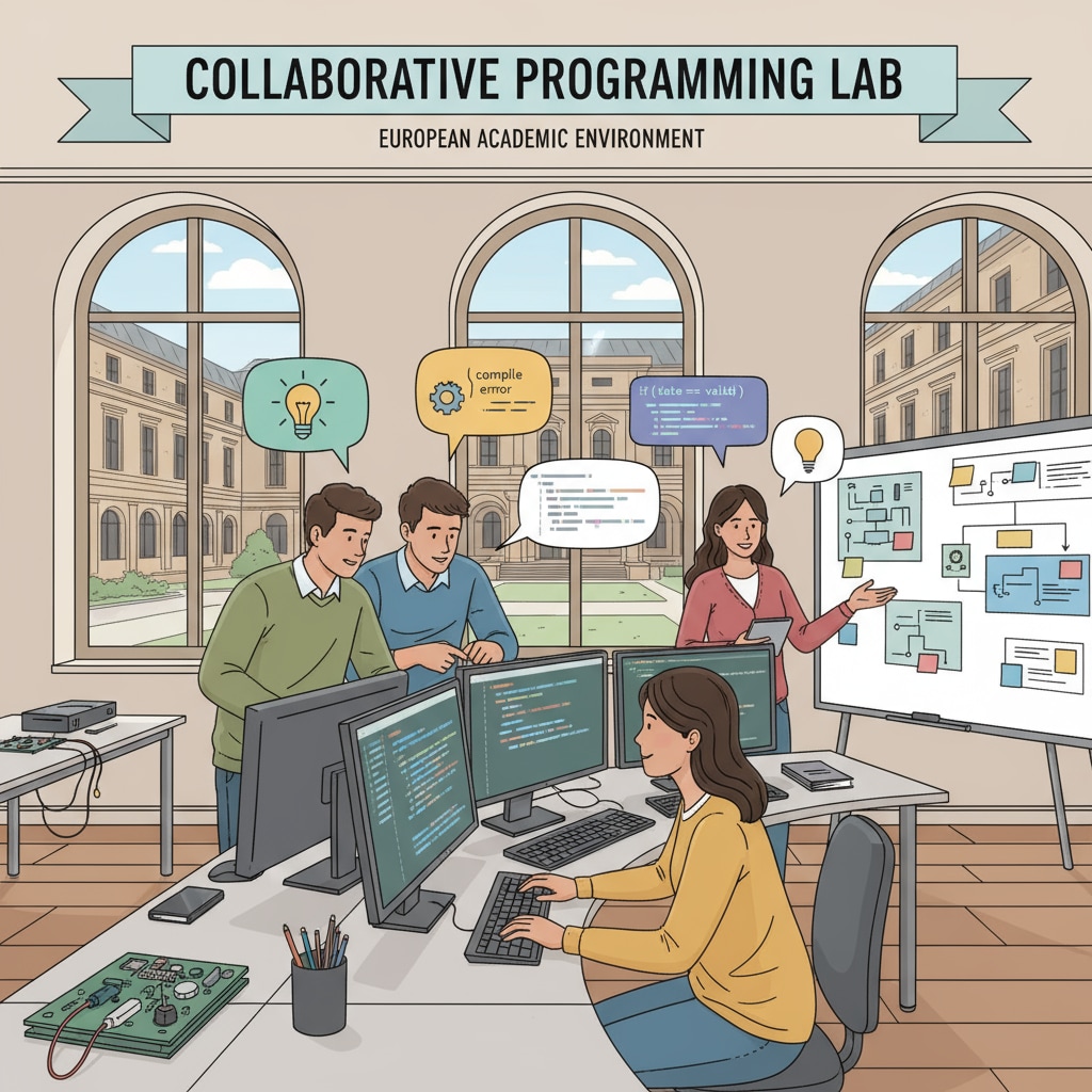 A scene of students working together on a programming project in a European university laboratory, emphasizing the collaborative nature of programming education in a European academic setting. Students collaborating on a programming project in a European university