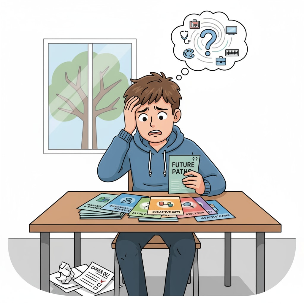 A teen is sitting at a desk, looking at career brochures with a worried expression, indicating his confusion in making a career choice. A teen showing signs of conflict in career choice, related to father-son differences in career expectations